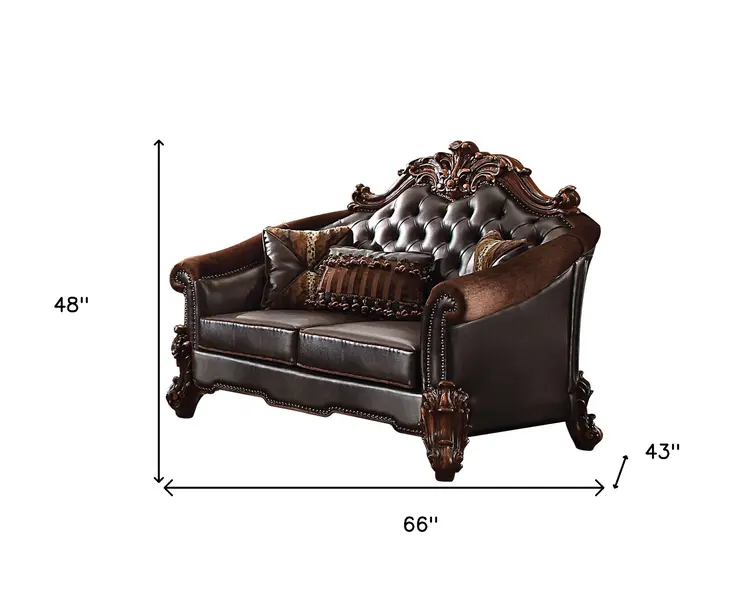 66" Brown And Dark Brown Chenille And Faux Leather Loveseat and Toss Pillows
