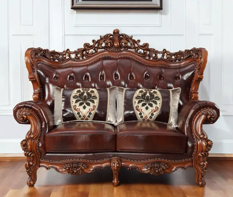 69" Brown And Walnut Top Grain Leather Curved Loveseat and Toss Pillows