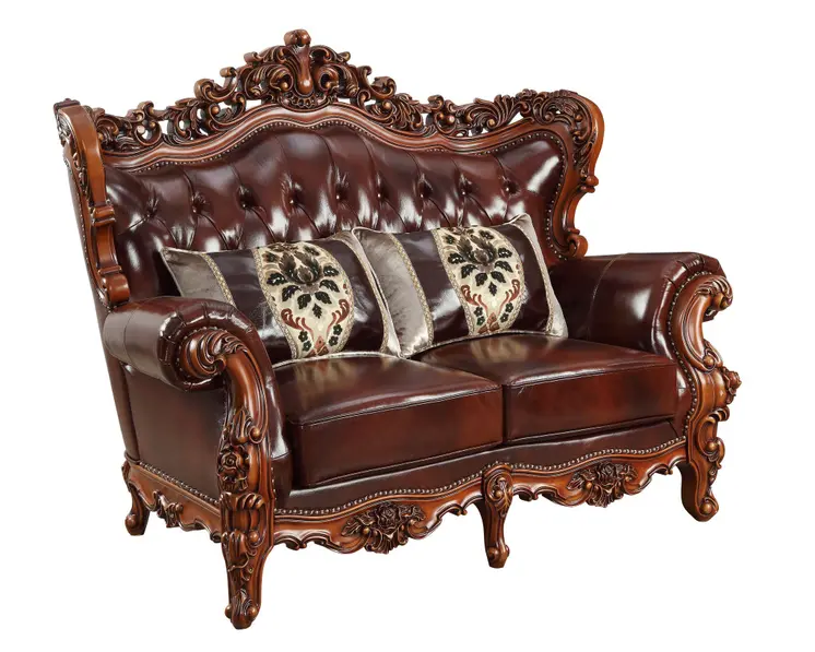 69" Brown And Walnut Top Grain Leather Curved Loveseat and Toss Pillows