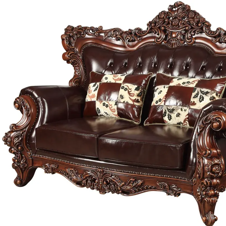 71" Espresso And Brown Faux Leather Curved Loveseat