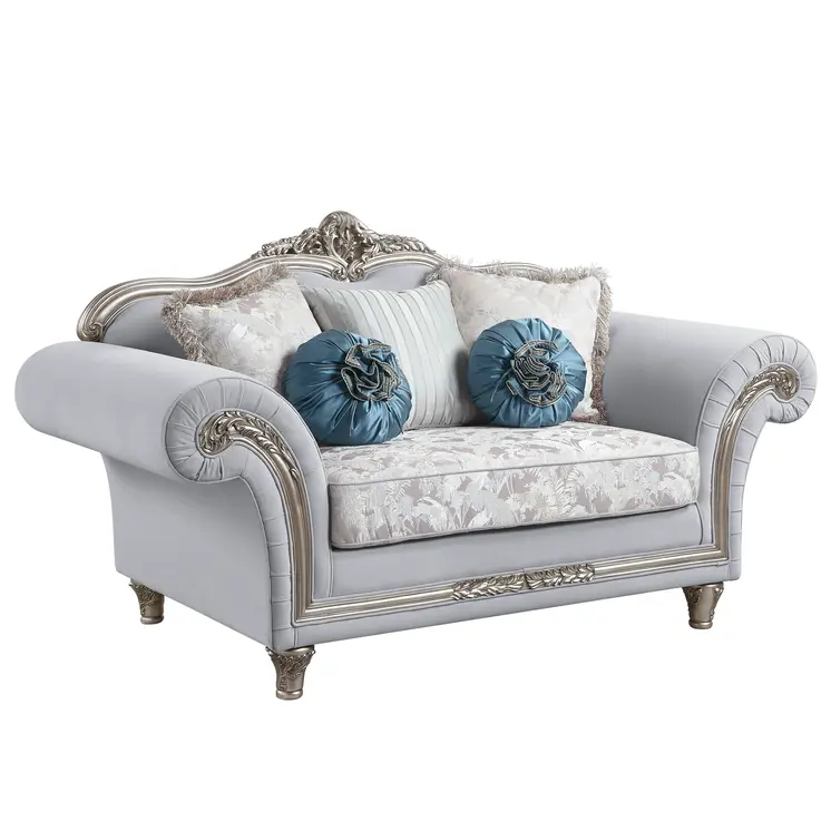 76" Light Gray And Platinum Linen Loveseat and Toss Pillows