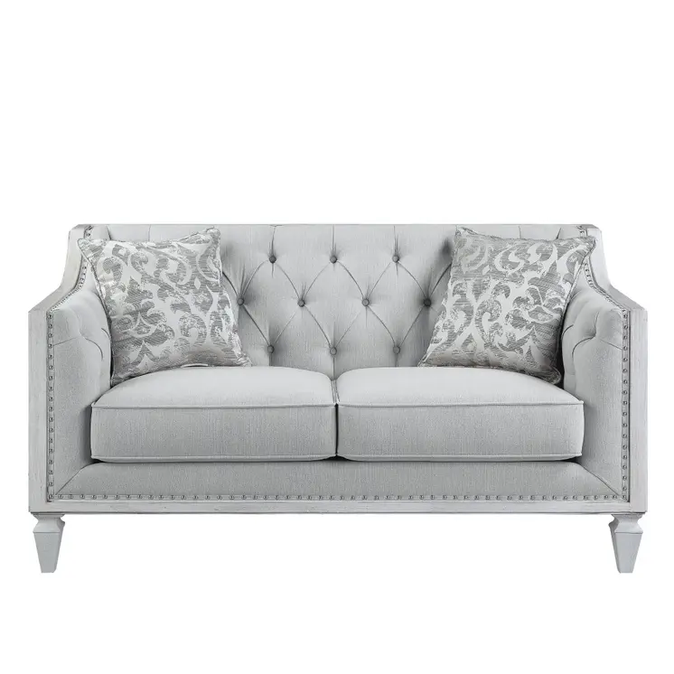 61" Light Gray And Off White Loveseat and Toss Pillows