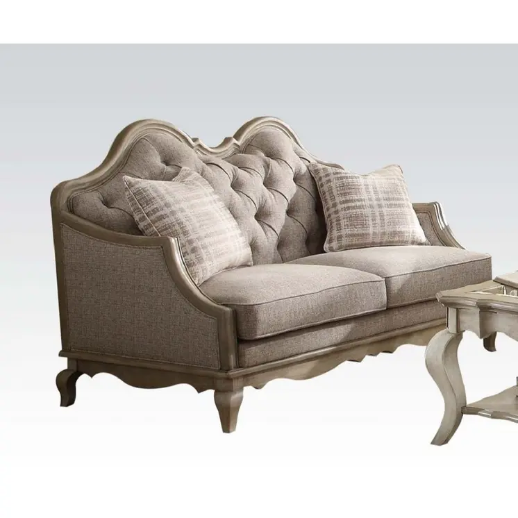 62" Beige And Brown Linen Loveseat and Toss Pillows