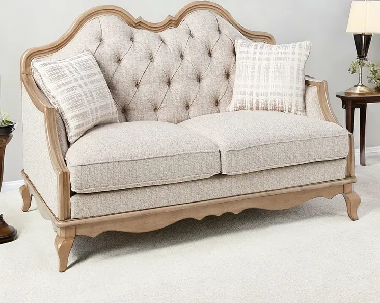 62" Beige And Brown Linen Loveseat and Toss Pillows