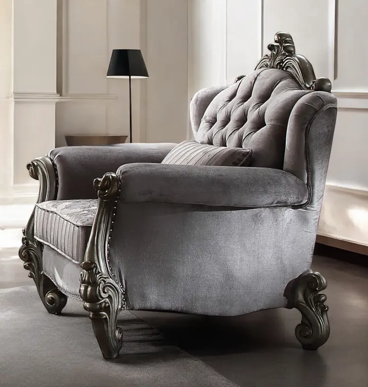 44" Gray and Platinum Velvet Floral Tufted Club Chair And Toss Pillow
