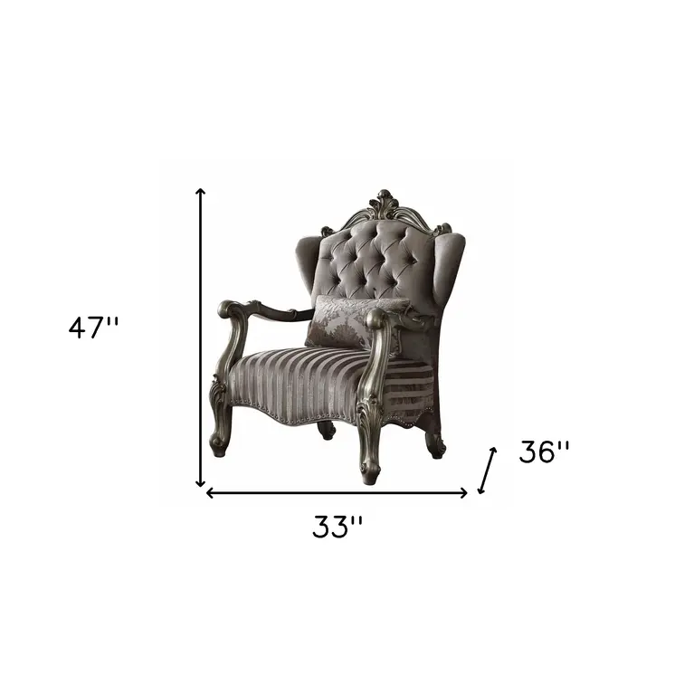 33" Gray and Platinum Velvet Striped Tufted Wingback Chair And Toss Pillow