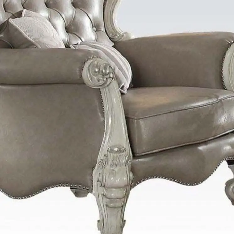 43" Gray and Bone Faux Leather Tufted Chesterfield Chair And Toss Pillows