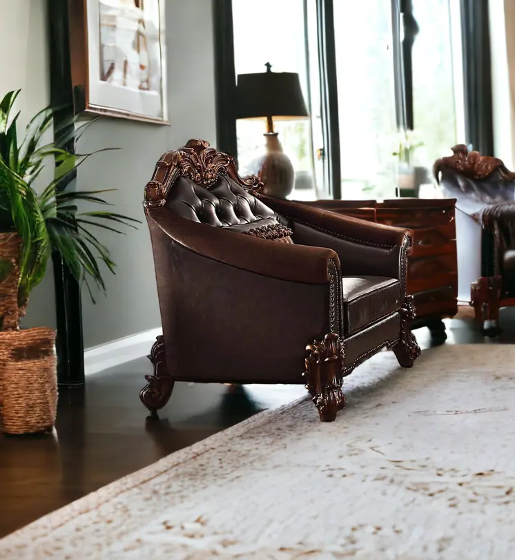43" Dark Brown Faux Leather Tufted Chesterfield Chair And Toss Pillow