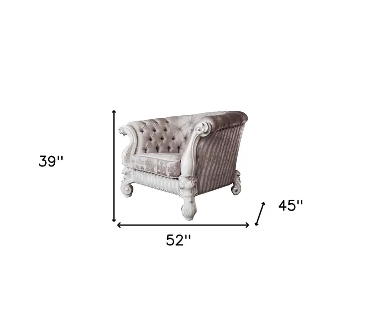 52" Ivory and Bone Fabric Damask Tufted Chesterfield Chair And Toss Pillows