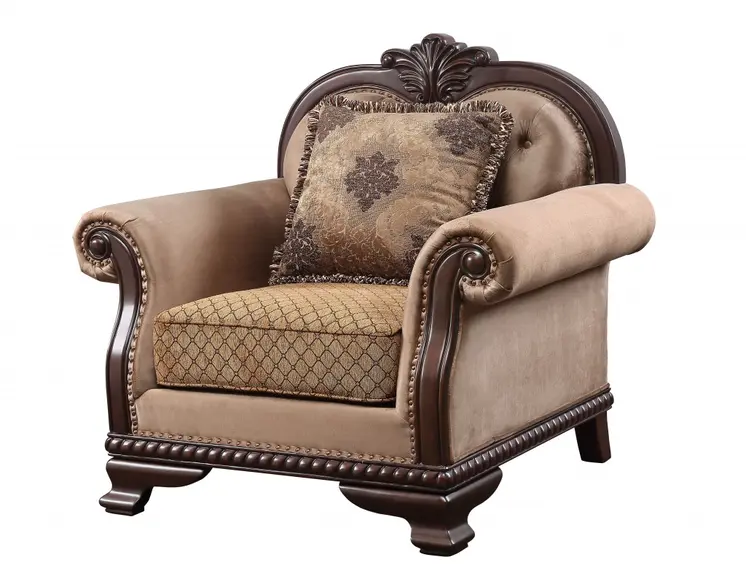44" Tan and Espresso Fabric Tufted Arm Chair And Toss Pillow