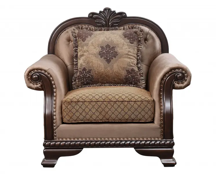 44" Tan and Espresso Fabric Tufted Arm Chair And Toss Pillow