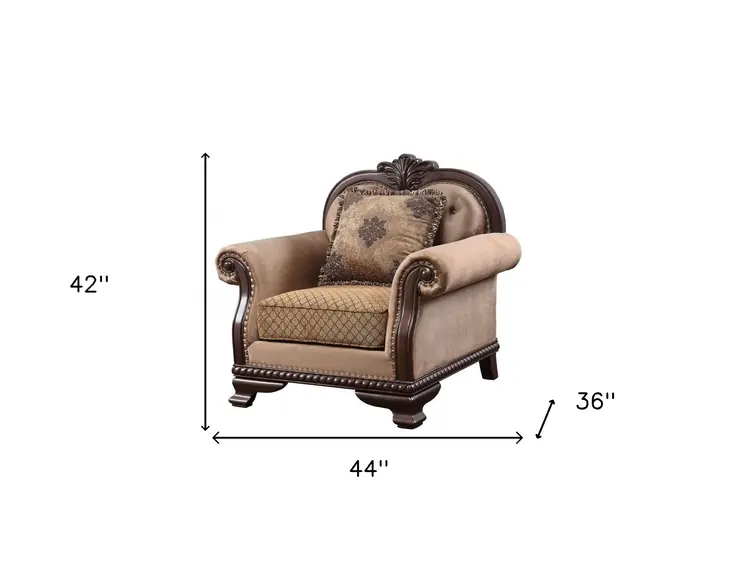 44" Tan and Espresso Fabric Tufted Arm Chair And Toss Pillow