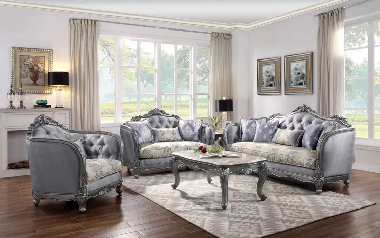 43" Light Gray and Platinum Fabric Floral Tufted Arm Chair And Toss Pillow