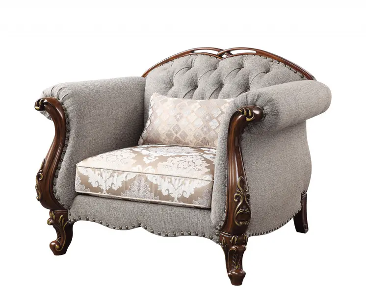 48" Beige and Brown Fabric Floral Arm Chair