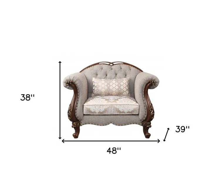 48" Beige and Brown Fabric Floral Arm Chair