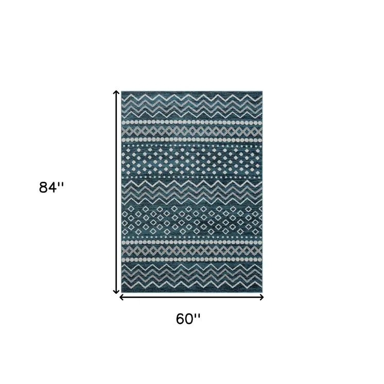5' X 7' Blue Geometric Washable Area Rug