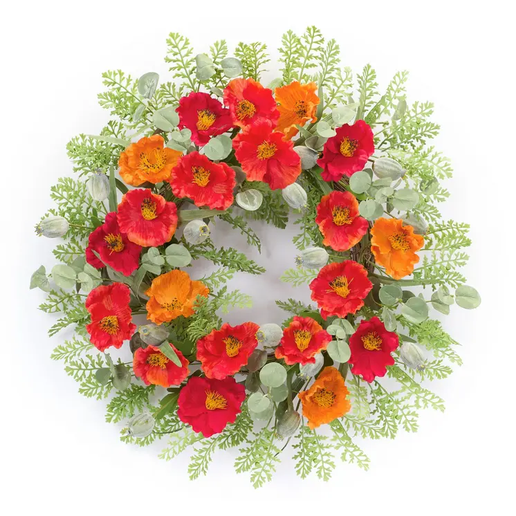 19" Green Orange And Red Fern And Poppy Artificial Wreath
