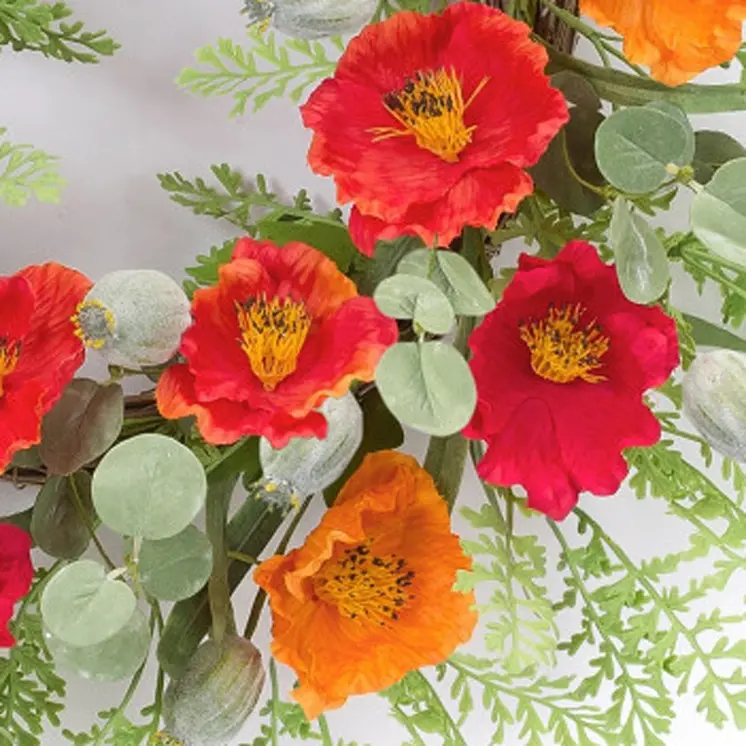 19" Green Orange And Red Fern And Poppy Artificial Wreath