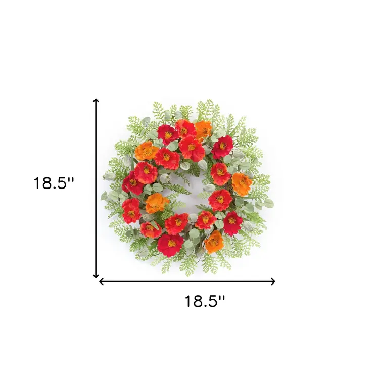 19" Green Orange And Red Fern And Poppy Artificial Wreath