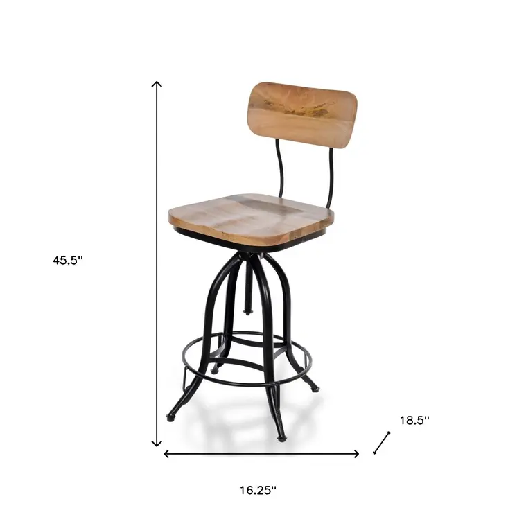 Brown and Black Solid Wood and Steel Counter Height Swivel Bar Chair