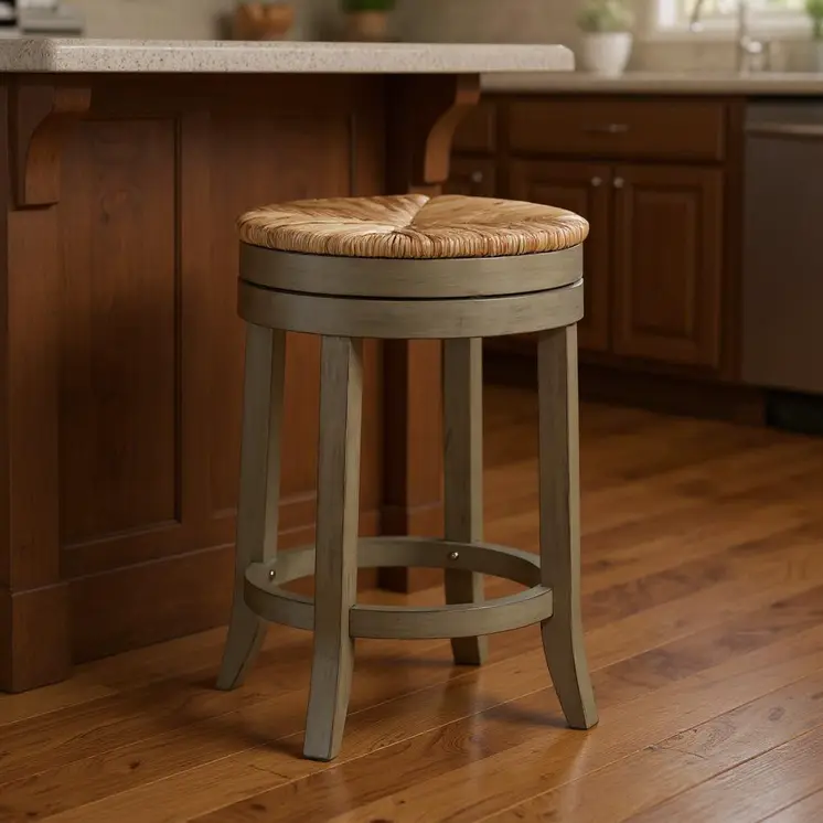 24" Natural and Gray Rush and Solid Wood Backless Counter Height Swivel Bar Chair