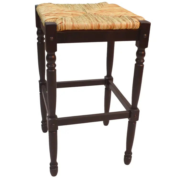 29" Natural and Espresso Wicker and Solid Wood Backless Bar Height Bar Chair