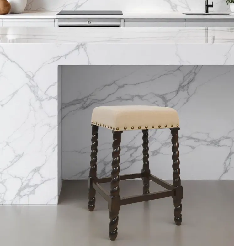 24" Cream And Espresso Solid Wood Backless Counter Height Bar Chair