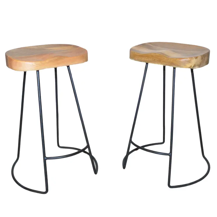 Set of Two 25" Natural and Black Solid Wood and Steel Backless Counter Height Bar Chairs