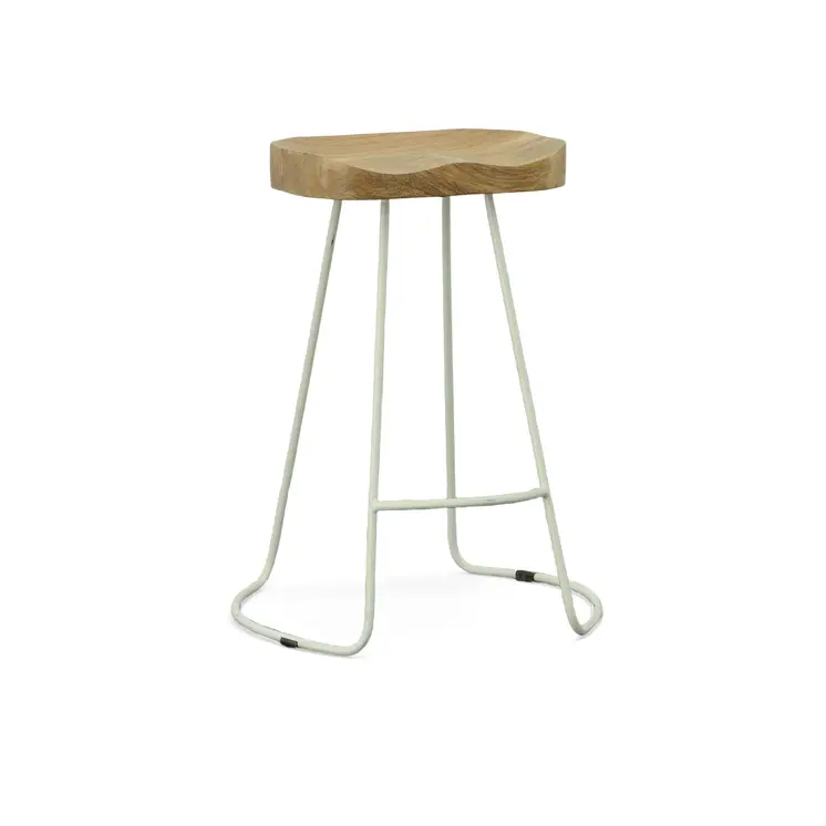 Set of Two 25" Natural and White Solid Wood and Steel Backless Counter Height Bar Chairs
