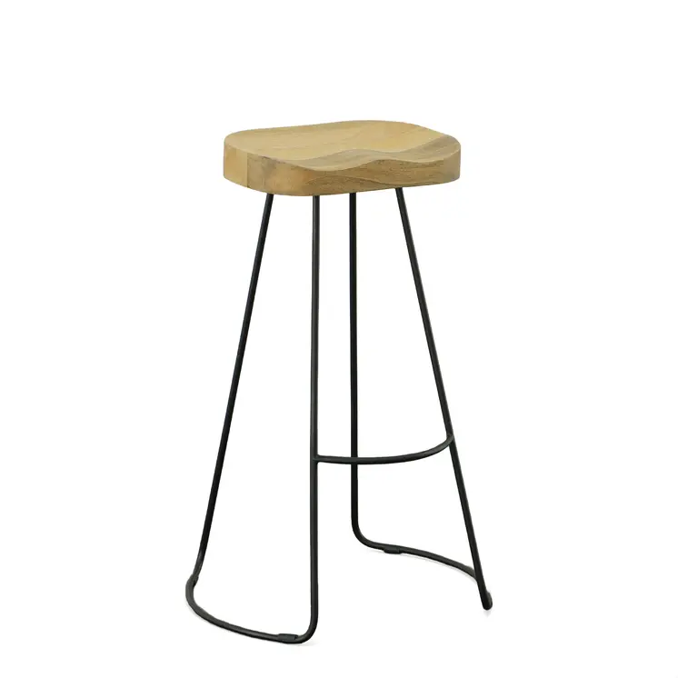 Set of Two 31" Natural and Black Solid Wood and Steel Backless Bar Height Bar Chairs