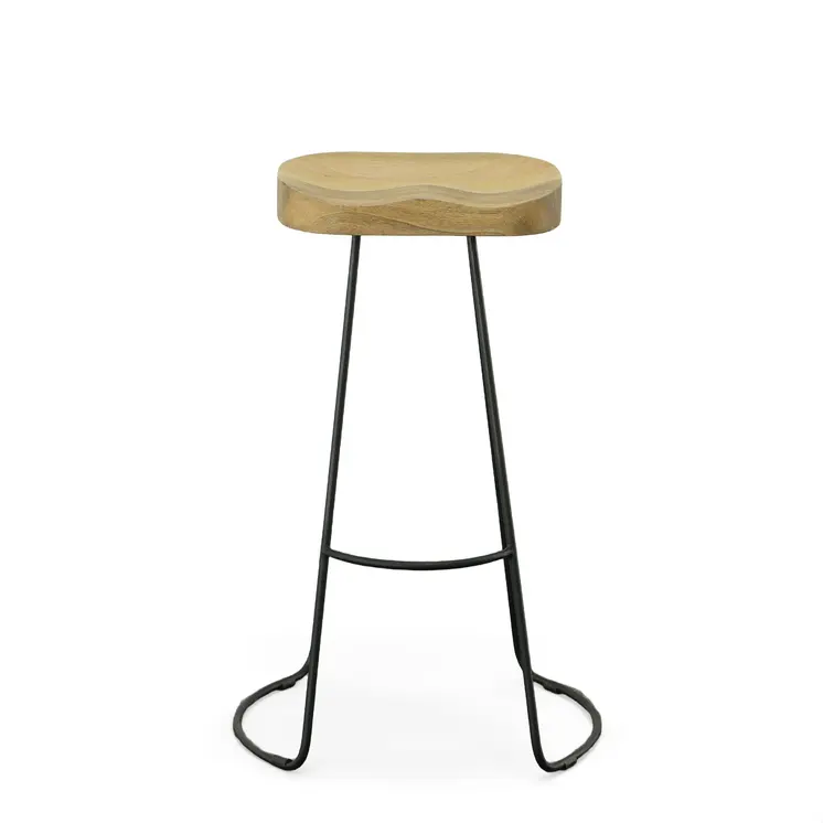 Set of Two 31" Natural and Black Solid Wood and Steel Backless Bar Height Bar Chairs