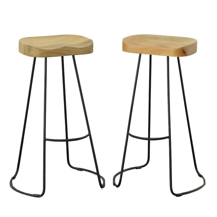 Set of Two 31" Natural and Black Solid Wood and Steel Backless Bar Height Bar Chairs