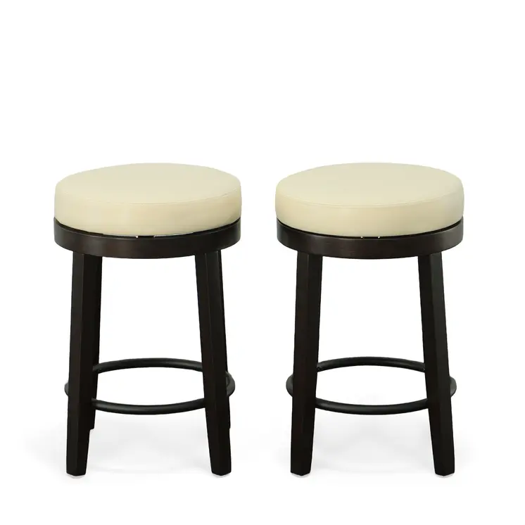 Set of Two 24" Cream and Espresso Faux Leather and Solid Wood Backless Counter Height Swivel Bar Chairs