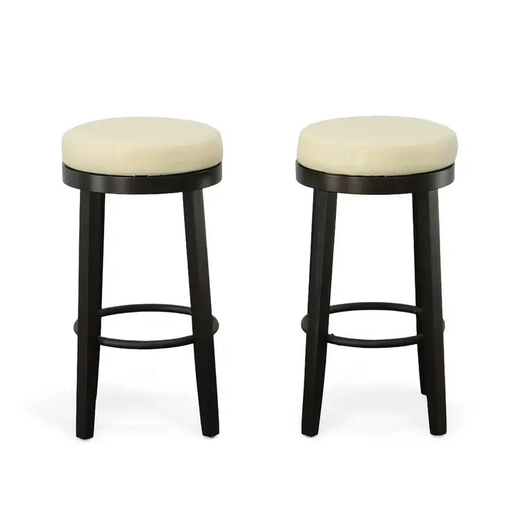 Set of Two 30" Cream and Espresso Faux Leather and Solid Wood Backless Bar Height Swivel Bar Chairs