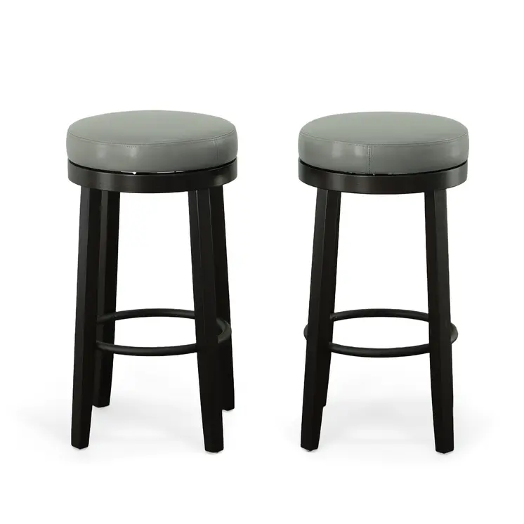 Set of Two 30" Gray and Espresso Faux Leather and Solid Wood Backless Bar Height Swivel Bar Chairs