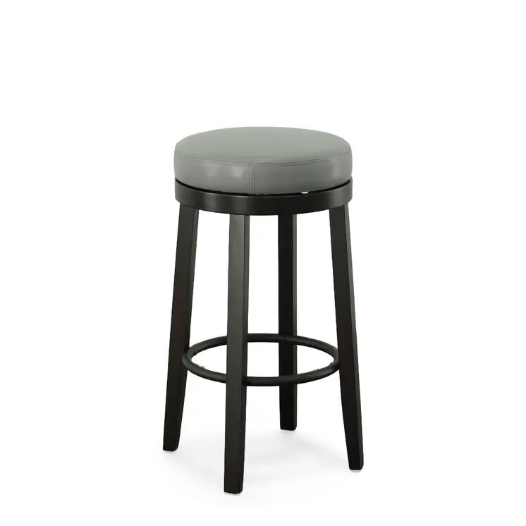 Set of Two 30" Gray and Espresso Faux Leather and Solid Wood Backless Bar Height Swivel Bar Chairs