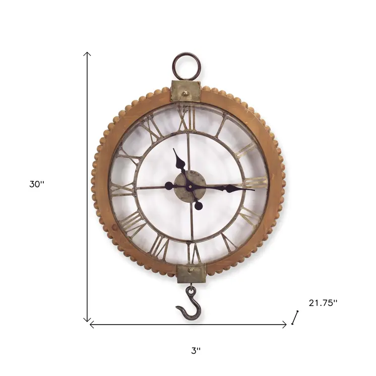 22"  Natural Solid Wood and Metal Analog Round Wall Clock