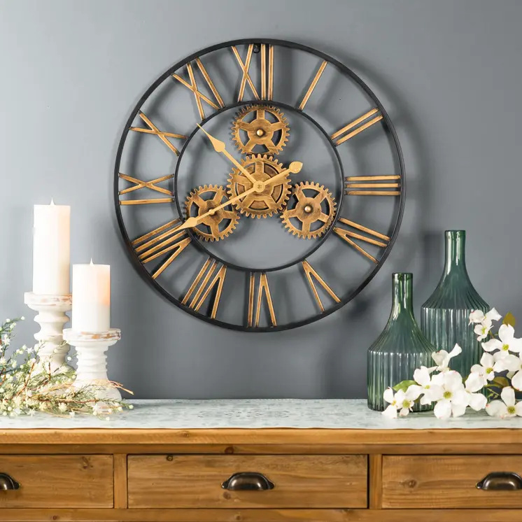 24" Black And Gold Metal Analog Exposed Gear Round Wall Clock