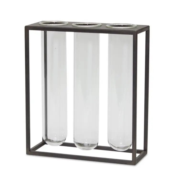 9" Clear And Brown Cylinder Metal Table Vase