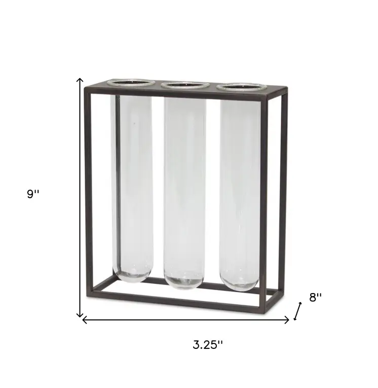 9" Clear And Brown Cylinder Metal Table Vase