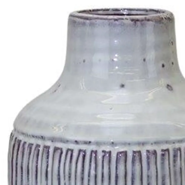 12" White and Brown Ribbed Cylinder Terracotta Table Vase