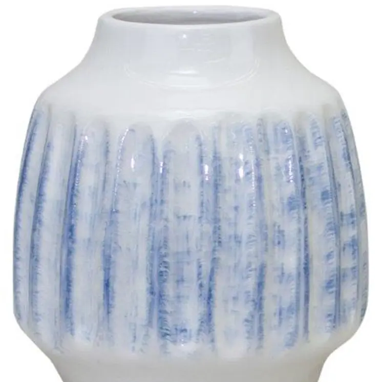 Set of Two White and Blue Ceramic Striped Round Table Vase