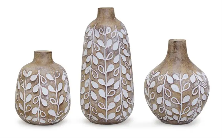 Set of three 9" Polyresin Brown and White Leaf Round Table Vase
