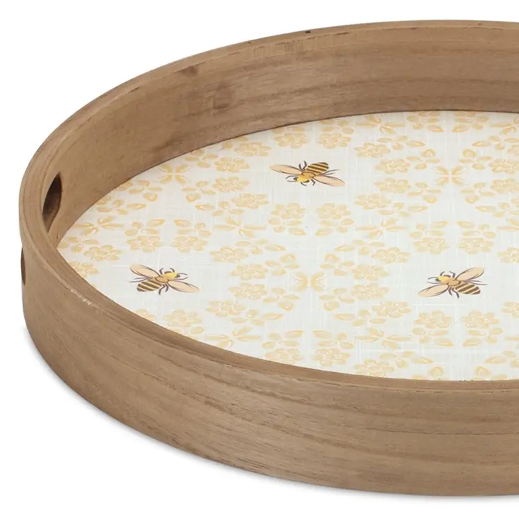 Set of Two Yellow Round Solid Wood Serving Tray With Handles