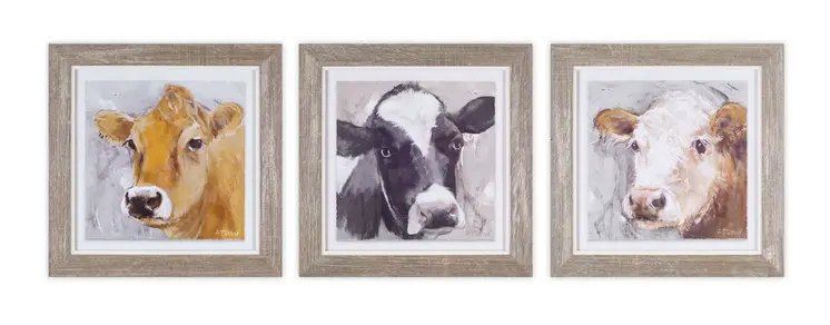Set of Three Brown Cow Wood Square Framed Art