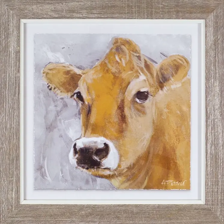 Set of Three Brown Cow Wood Square Framed Art