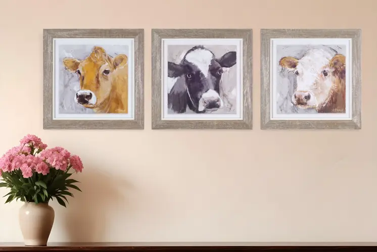 Set of Three Brown Cow Wood Square Framed Art
