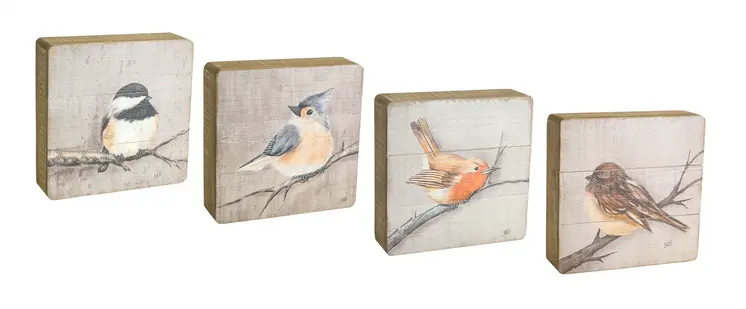 Set of Four Brown Bird Solid Wood Square Framed Art