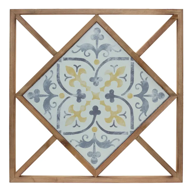 Set of Two White Blue And Brown Floral Wood and Metal Square Framed Art