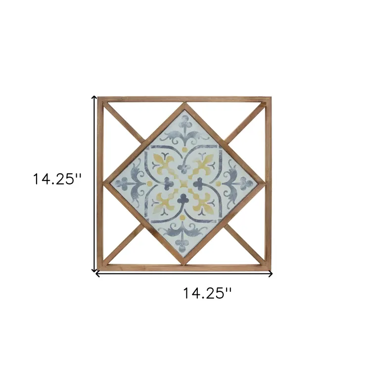 Set of Two White Blue And Brown Floral Wood and Metal Square Framed Art